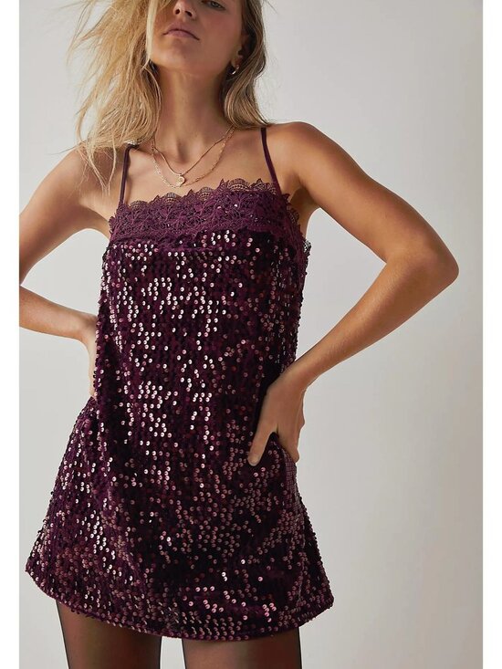Free People Dresses & Skirts - Free People Intimately Free NWT Fig Jam Burgundy Sequin That Girl Mini Dress Sm